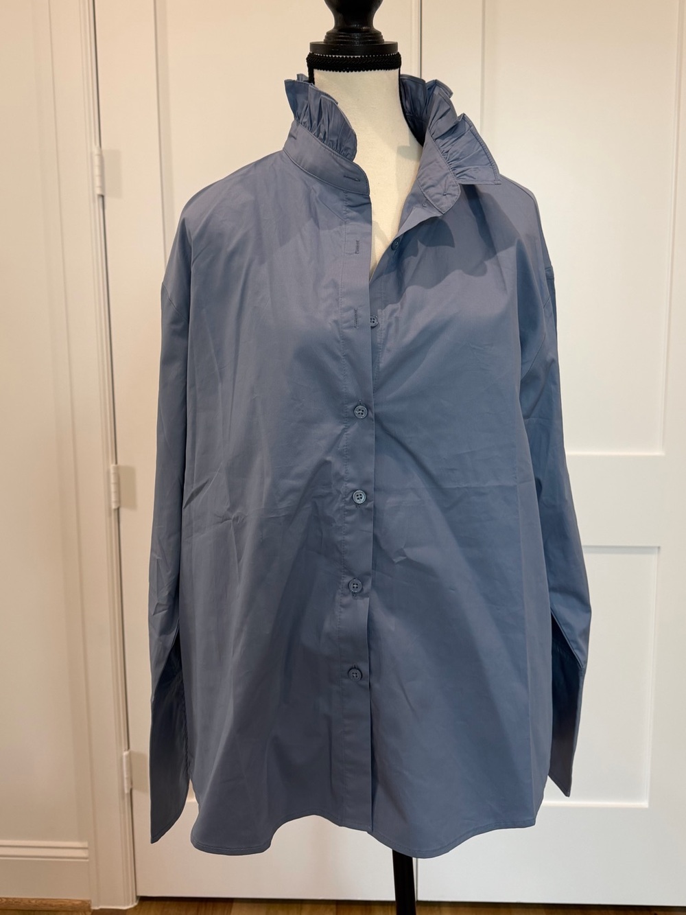 Heidi Houston Blue Ruffle Collar Button Down Shirt XL NWT